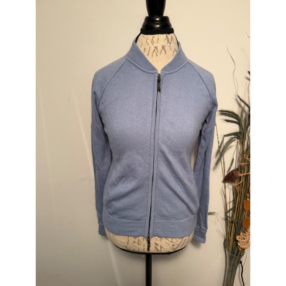City DKNY Womens Blue Cashmere Angora Lambswool Full Zip Bomber Sweater Jacket M